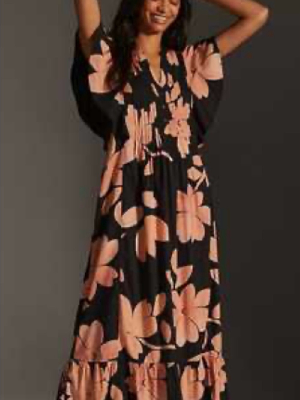 Anthropologie Cassandra Maxi Dress Black with Peach Floral Print